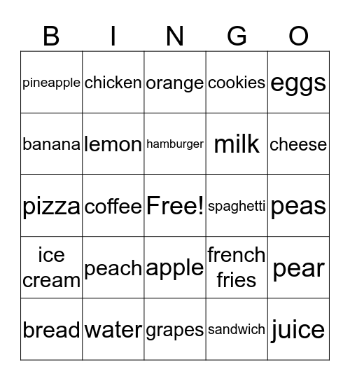 Food Bingo Card