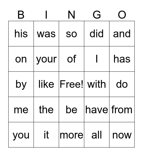 Sight Words Bingo Card