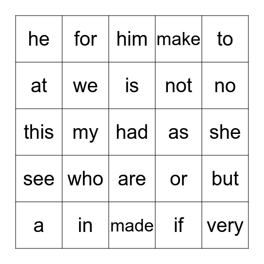 Sight Words Bingo Card