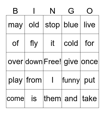 Sight Words Bingo Card