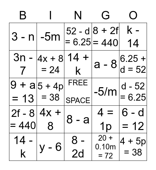 Algebraic Expression and Equation Bingo Card