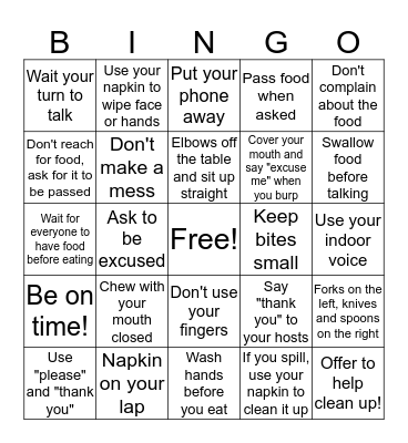 Table Manners Bingo Card