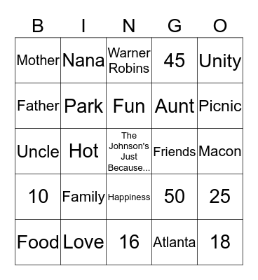 The Johnson's Bingo Card