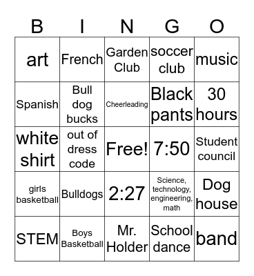 Surviving Roosevelt Middle School Bingo Card