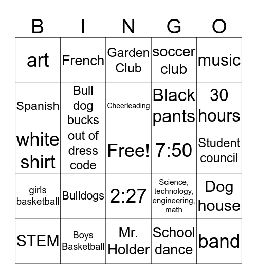 Surviving Roosevelt Middle School Bingo Card