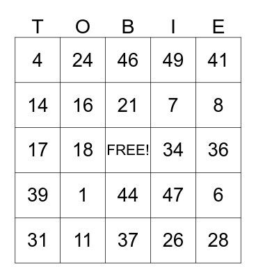 Tobie's Birthday Bingo Card