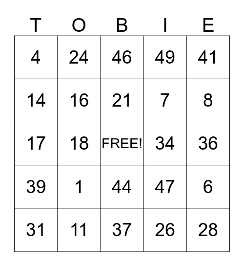 Tobie's Birthday Bingo Card