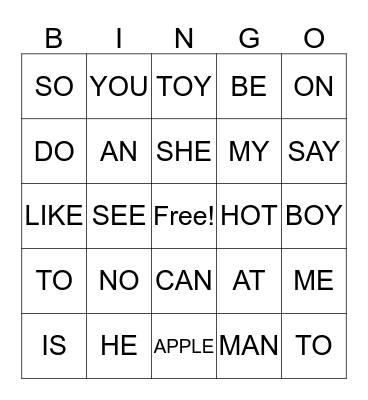 sight words Bingo Card