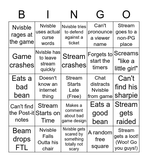 Nvisble Stream Bingo Card
