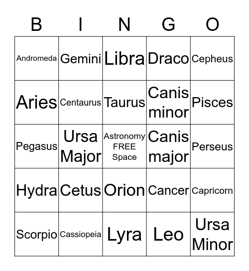 Constellations Bingo Card