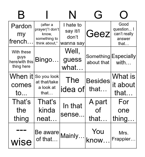 Frap Vernacular Bingo Card
