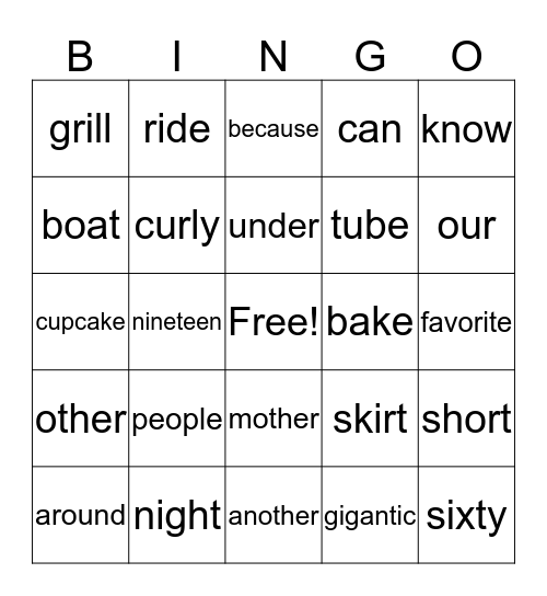 Sight word Bingo Card