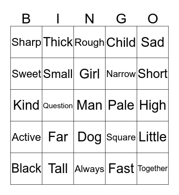 Antonym Bingo Card