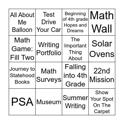 Ms. Thompson's Class' Open House! Bingo Card