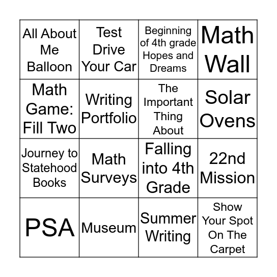 Ms. Thompson's Class' Open House! Bingo Card