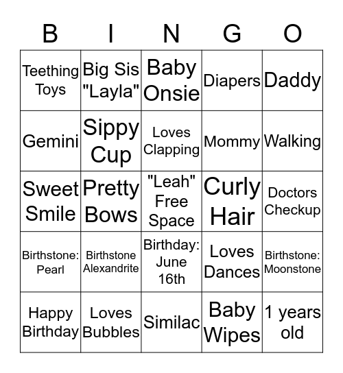 Leah Bubble Bingo Card