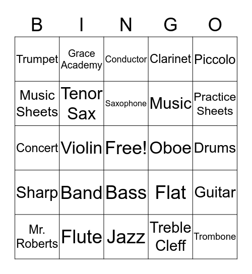 Elementary Band Bingo Card