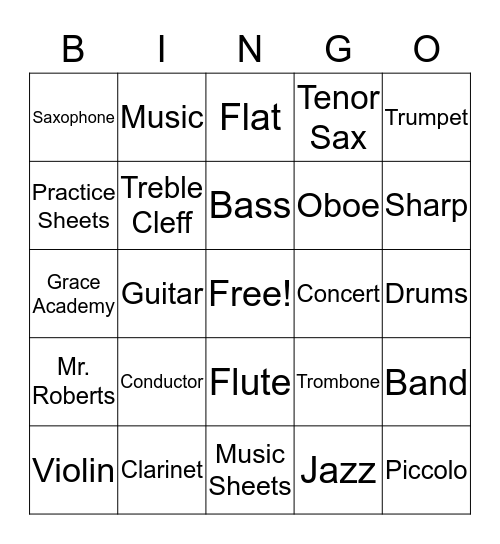 Elementary Band Bingo Card