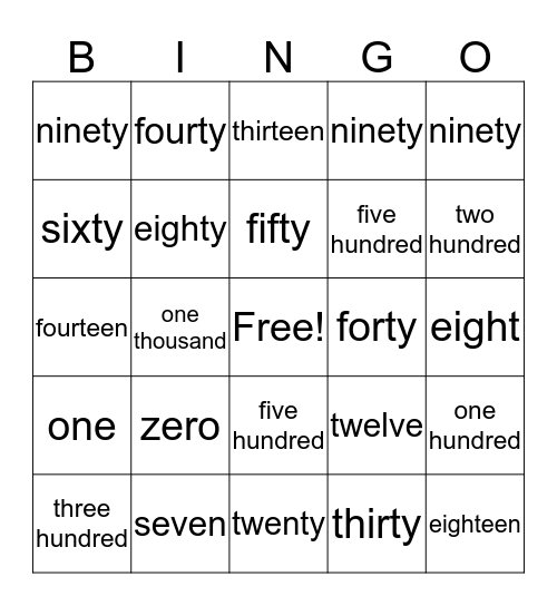 Number Words Bingo Card