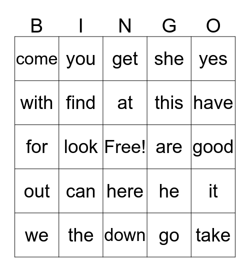 Sight Word Bingo Card