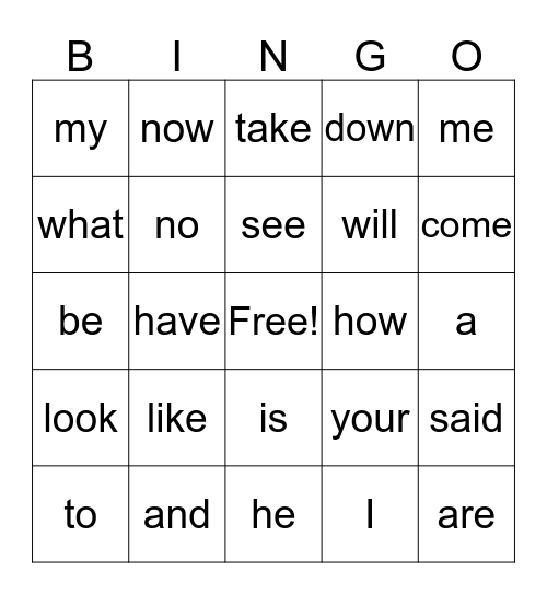 Sight Word Bingo Card