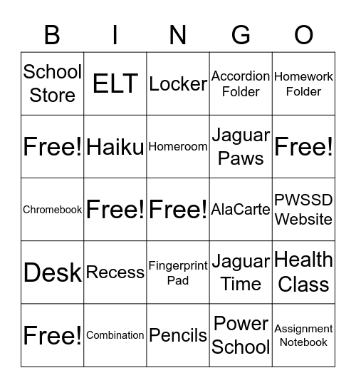 5th Grade BINGO Card