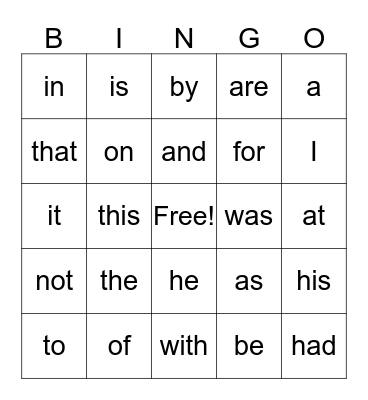 Sight Words Bingo Card
