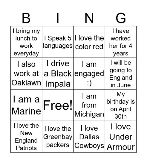 Employee Bingo Card