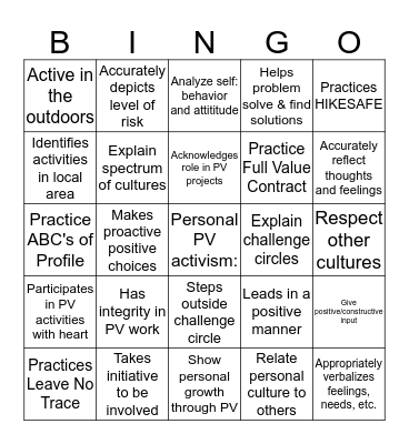 Project Venture Bingo Card
