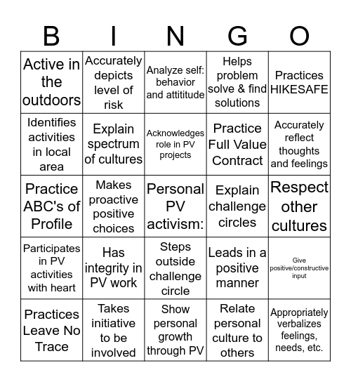 Project Venture Bingo Card