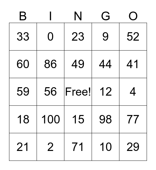 Number Bingo Card