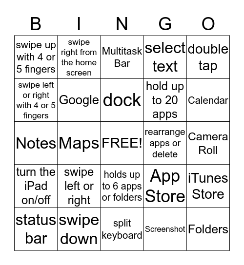 iPad Bootcamp Basics Bingo Card