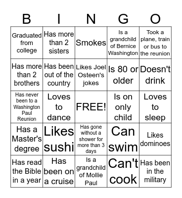 Family Reunion Icebreaker Bingo Card