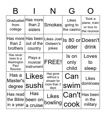 Family Reunion Icebreaker Bingo Card