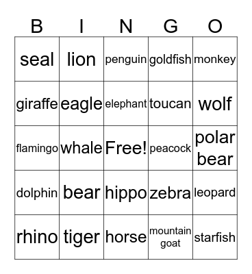 Animal Bingo Card