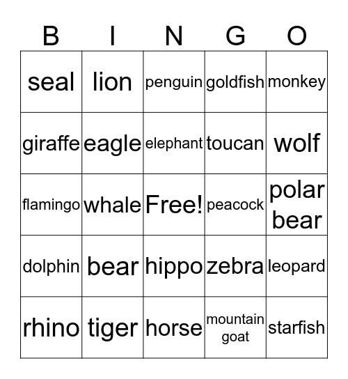 Animal Bingo Card