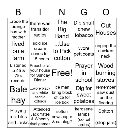 I REMEMBER WHEN! Bingo Card