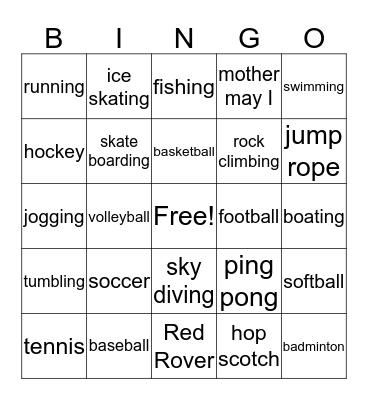 Activities Bingo Card