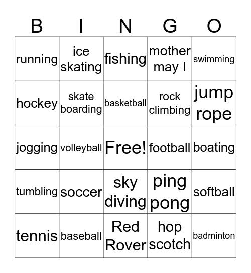 Activities Bingo Card