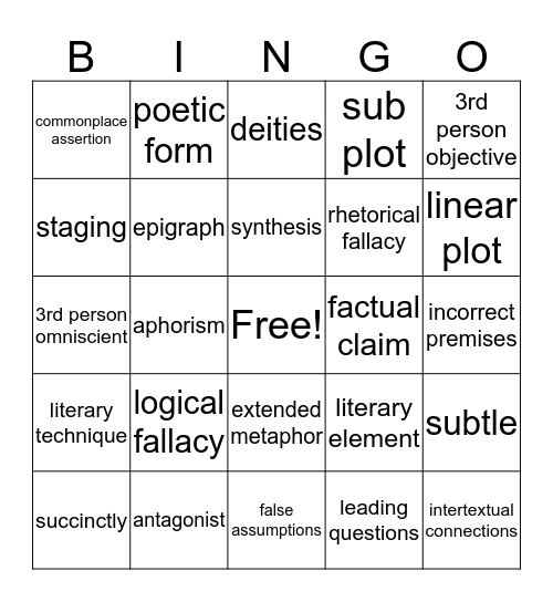 Academic Vocabulary Bingo Card