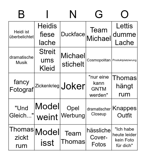 Topmodel Bingo Card