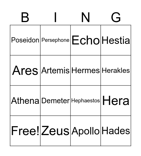 Greek Mythologie Bingo Card