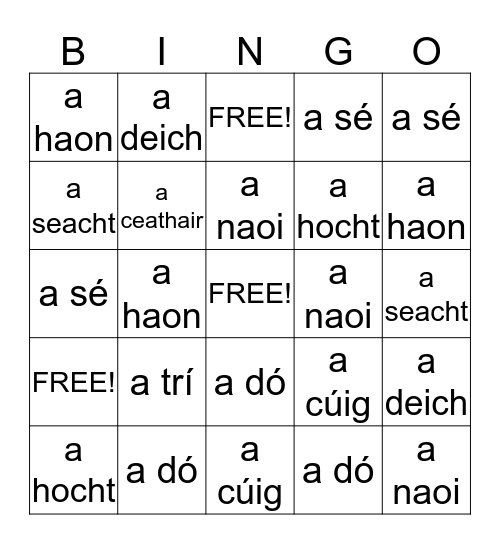 Gaelic Numbers Bingo Card