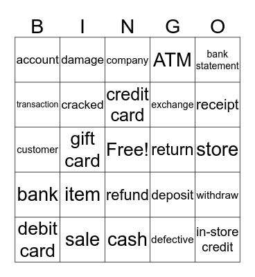 Bank/Shopping Bingo Card