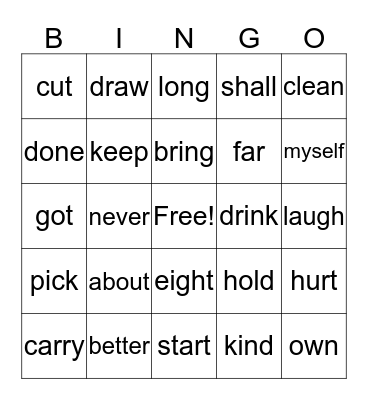 Sight Words Bingo Card