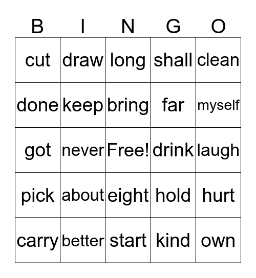 Sight Words Bingo Card