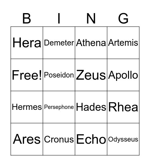 Greek Mythology Bingo Card