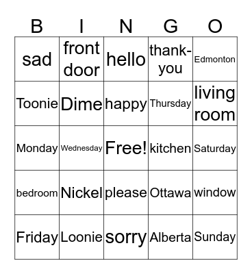 SURVIVAL ENGLISH IN CANADA Bingo Card