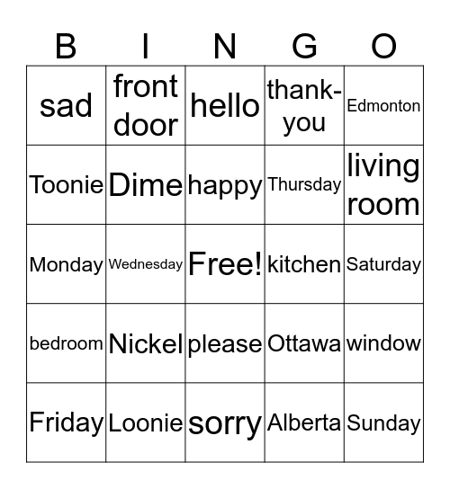 SURVIVAL ENGLISH IN CANADA Bingo Card