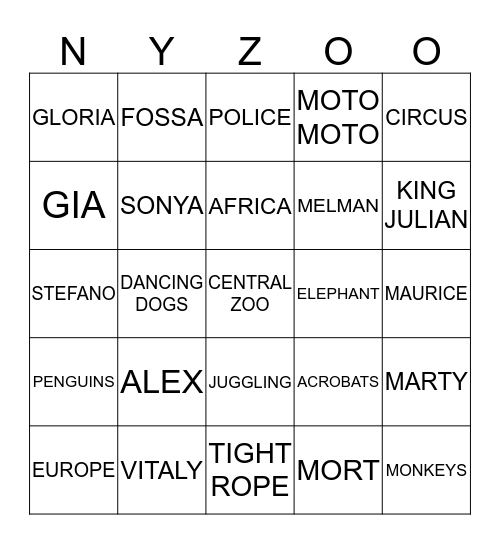 Madagascar  Bingo Card